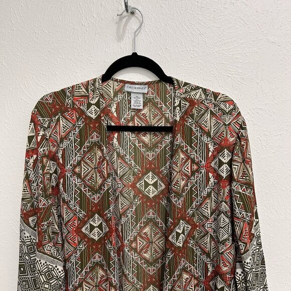 Catherines Kimono Cardigan Open Knit Olive Green Aztec Print Open Front 3X 26/28 - Picture 2 of 8